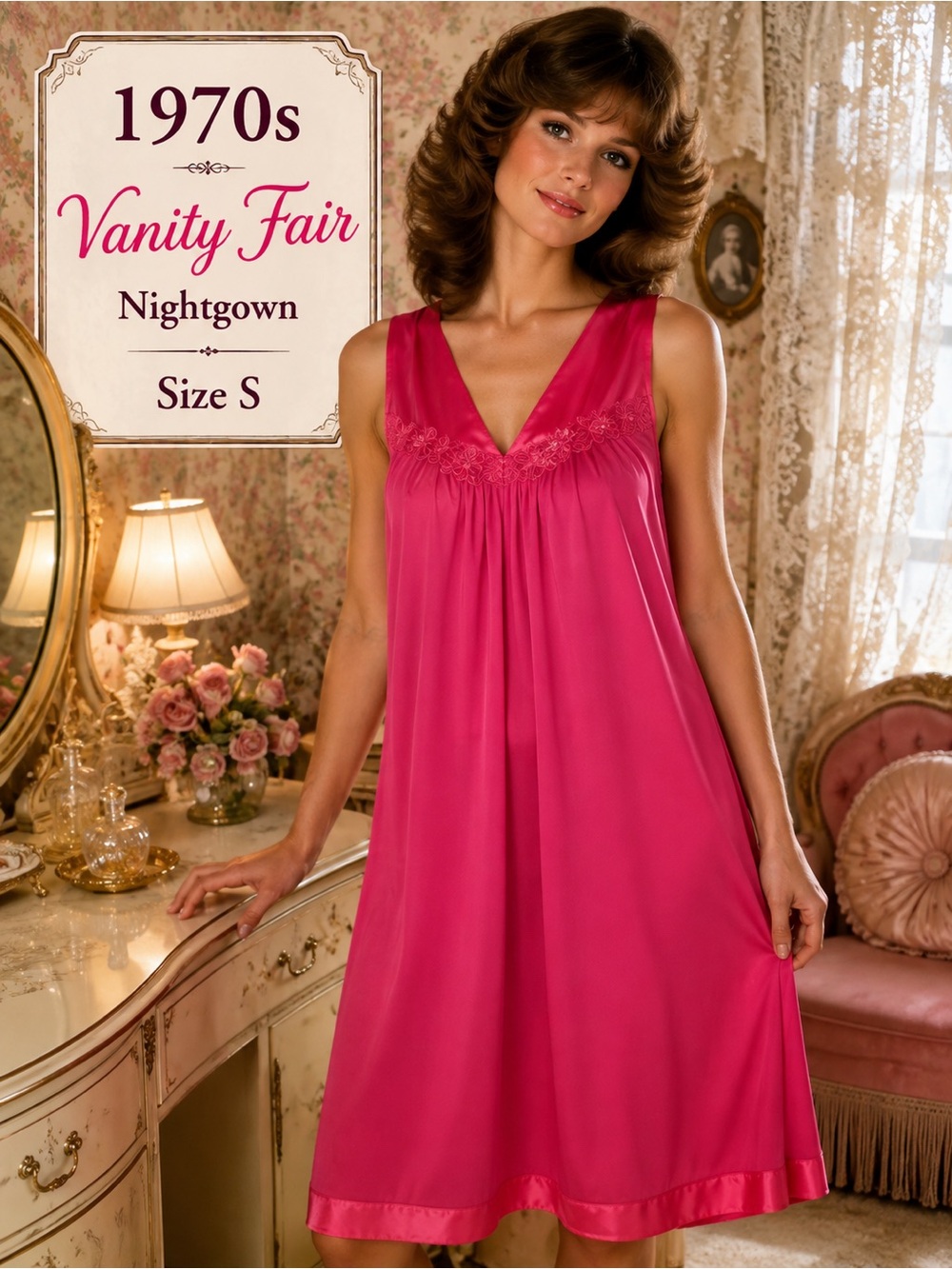 Vintage 1970s Vanity Fair Hot Pink Nylon Nightgown S